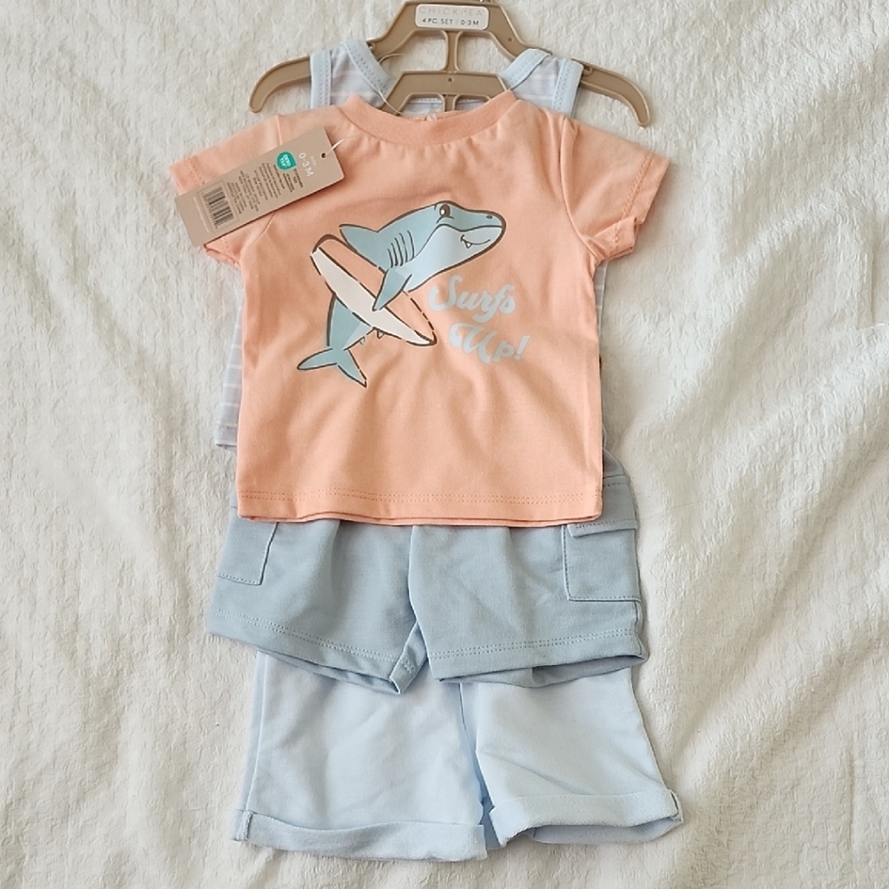 Kids Shark Print Matching 4Pc Set - Peach and Light Blue